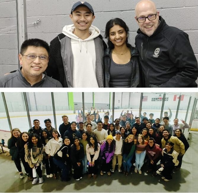 Two photos: Top shows four adults posing and smiling indoors. Bottom shows a large group of people posing together on an ice skating rink.